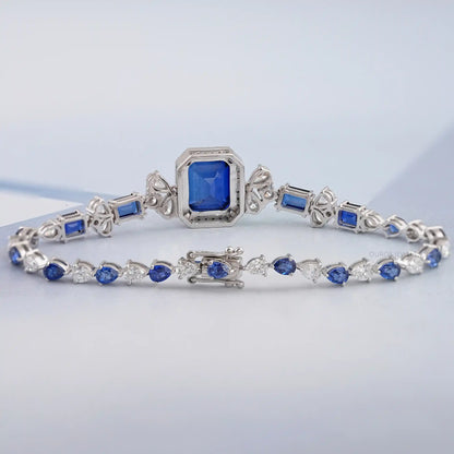 Sapphire Emerald Cut Halo Diamond Bracelet