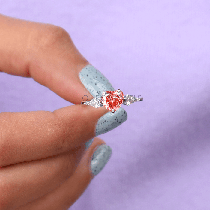 3 Stone Pink Heart Cut Lab Diamond Engagement Ring