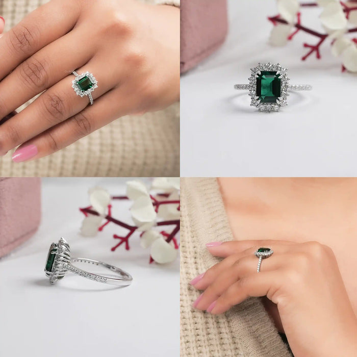 Green Emerald Cut Halo With Accent Lab Grown Diamond Ring