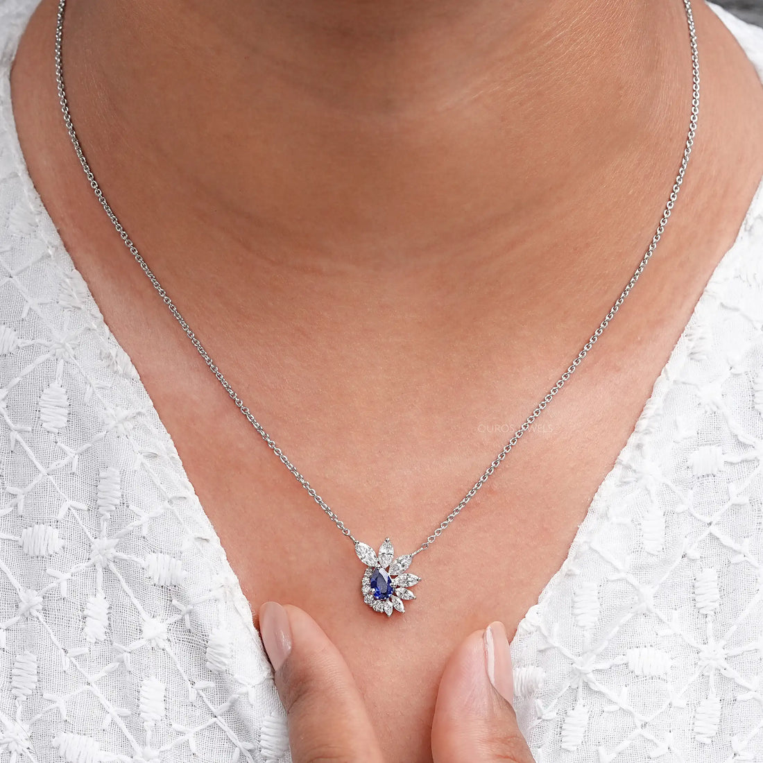 Blue Sapphire And Diamond Floral Cluster Pendant Necklace Necklaces
