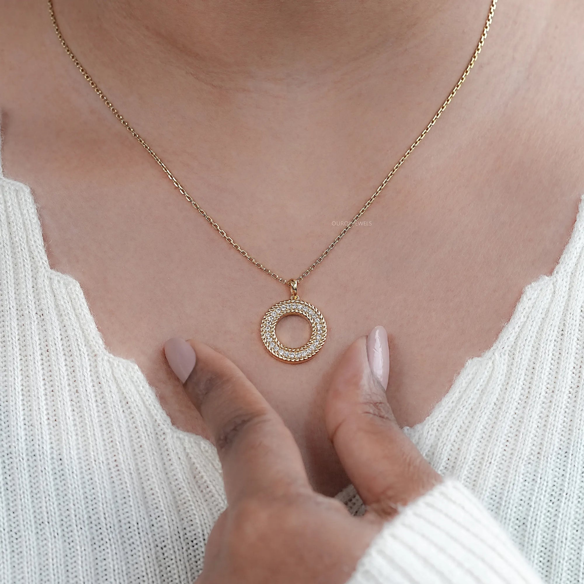 Lab Diamond Open Circle Double Beaded Border Pendant Necklaces