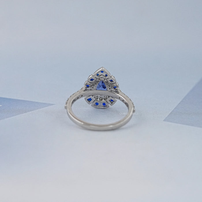 Blue Pear And Round Cut Double Halo Solitaire Accent Ring