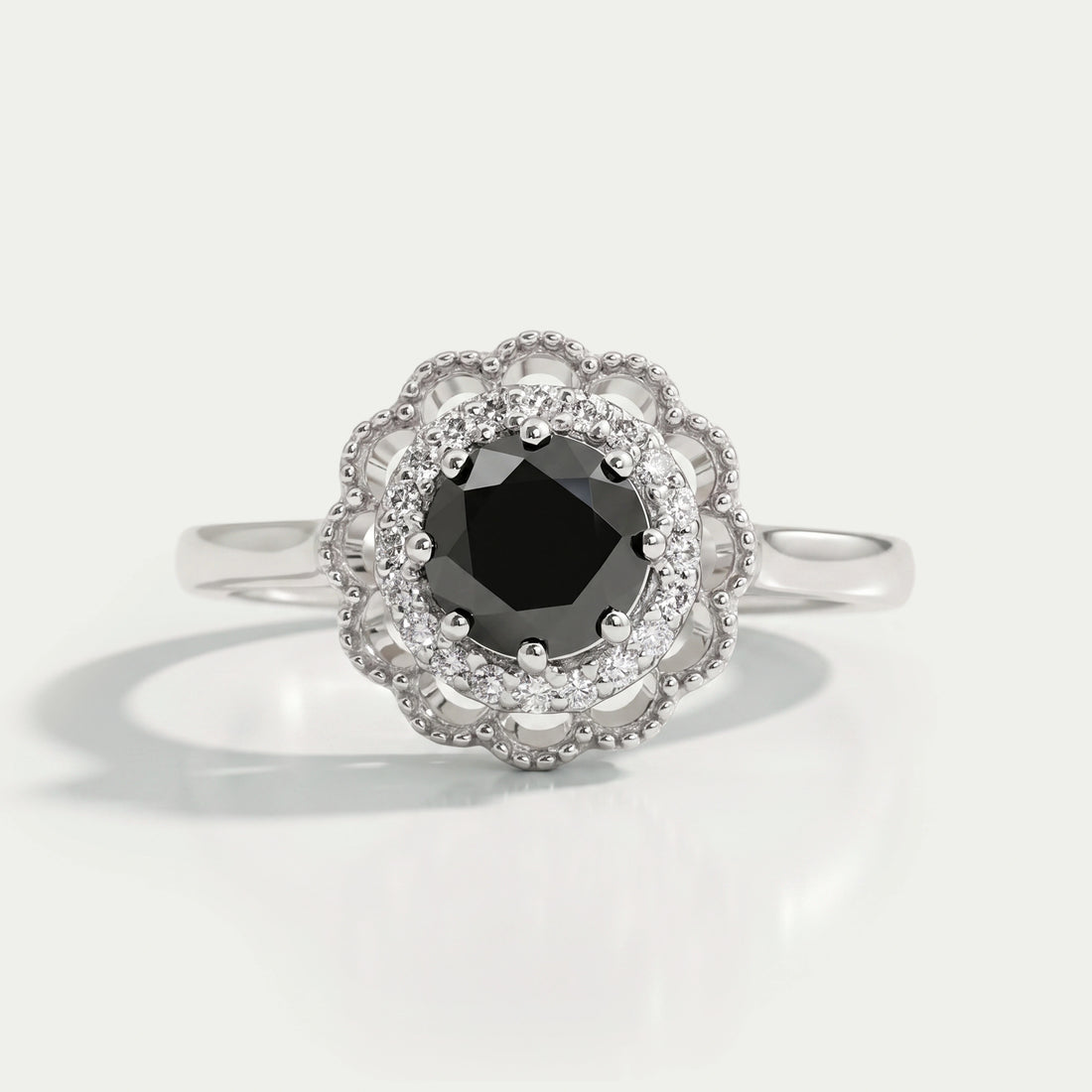 Double Halo Round Shape Black Diamond Engagement Ring Rings