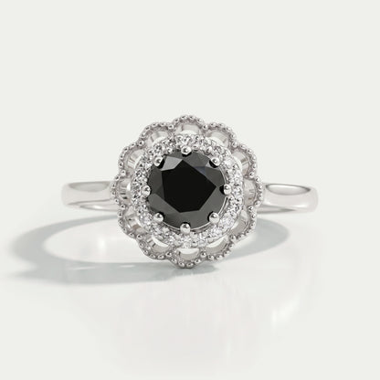 Double Halo Round Shape Black Diamond Engagement Ring Rings