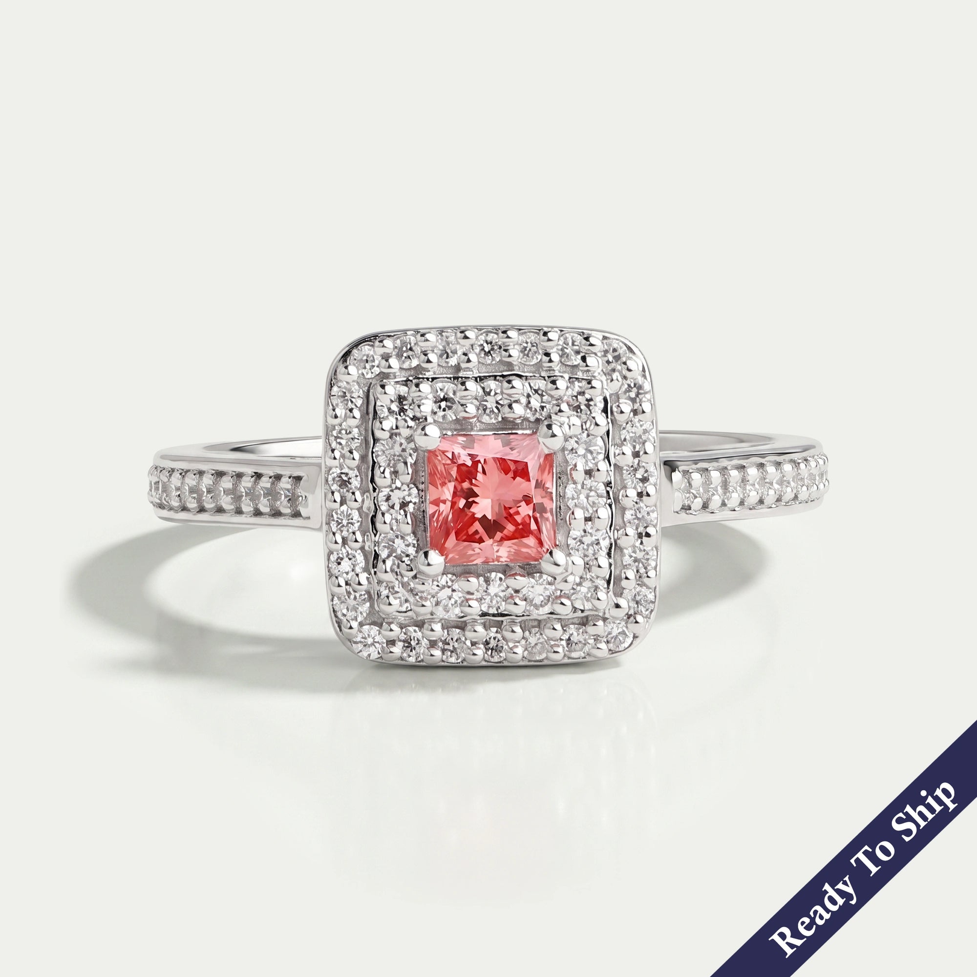 Pink Princess Cut Double Halo Engagement Ring