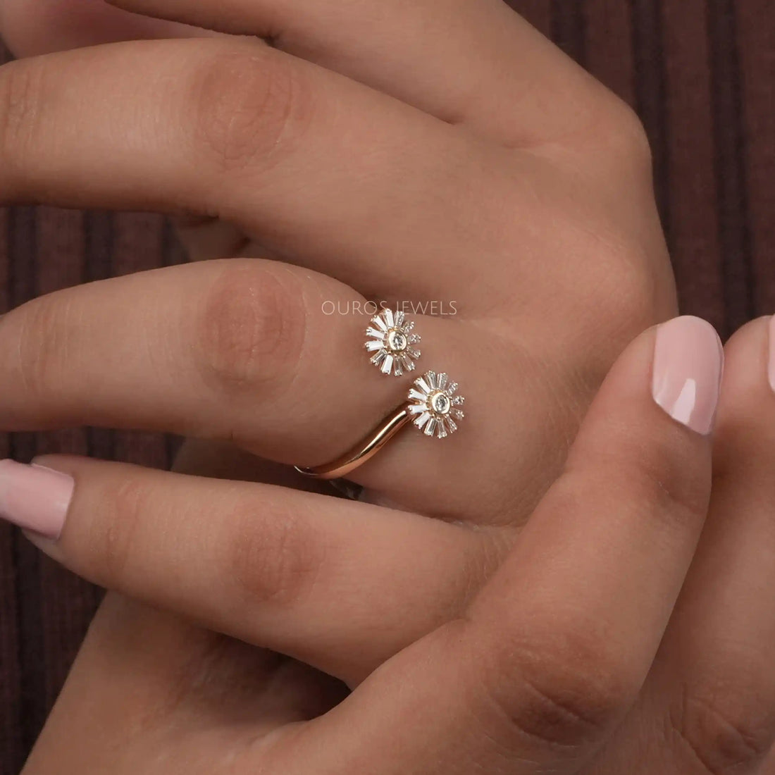 Two Flower Shape Tapered Baguette Cut Lab Diamond Bypass Ring Rings