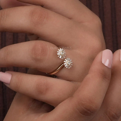 Two Flower Shape Tapered Baguette Cut Lab Diamond Bypass Ring Rings