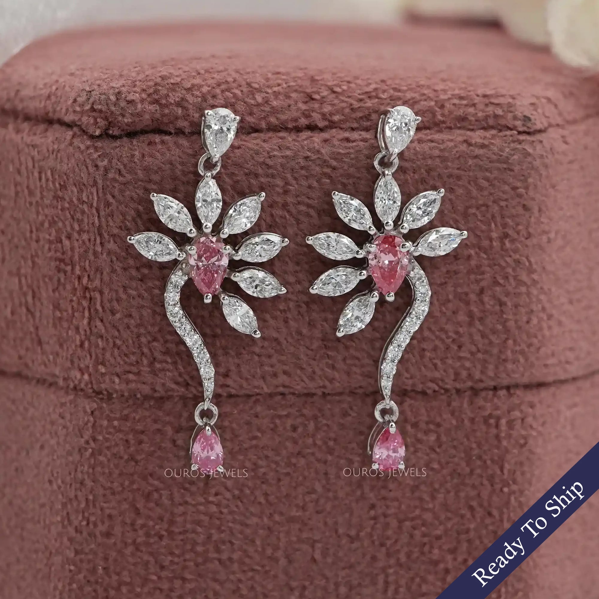 Pink Pear And Marquise Diamond Flower Drop Earrings Earrings
