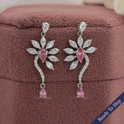 Pink Pear And Marquise Diamond Flower Drop Earrings Earrings