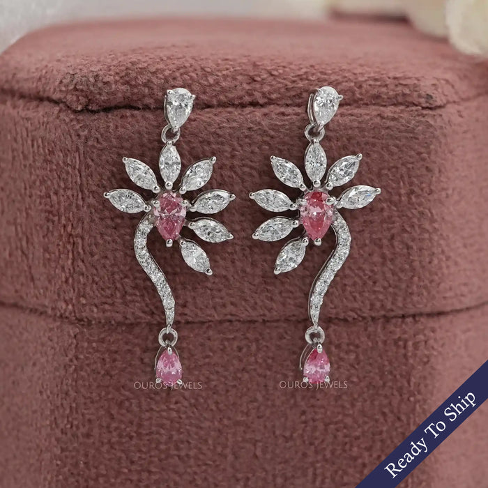 Pink Pear And Marquise Diamond Flower Drop Earrings Earrings