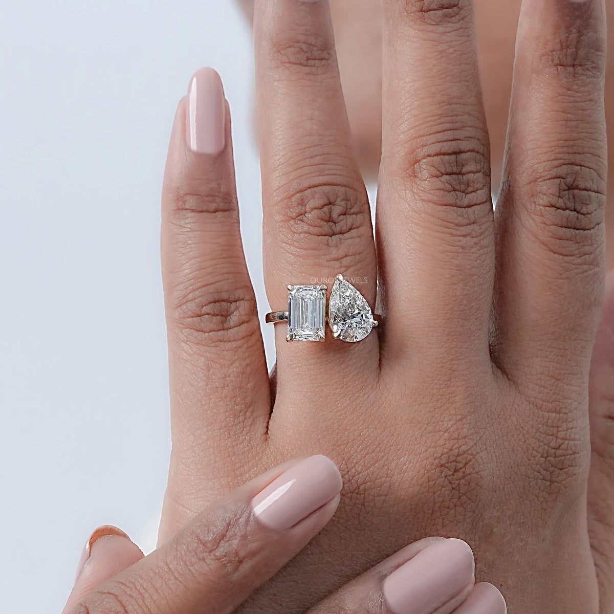 Pear And Emerald Diamond Two Stone Ring Ring