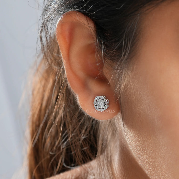 Round Cut  Halo Marquise Stud Earrings