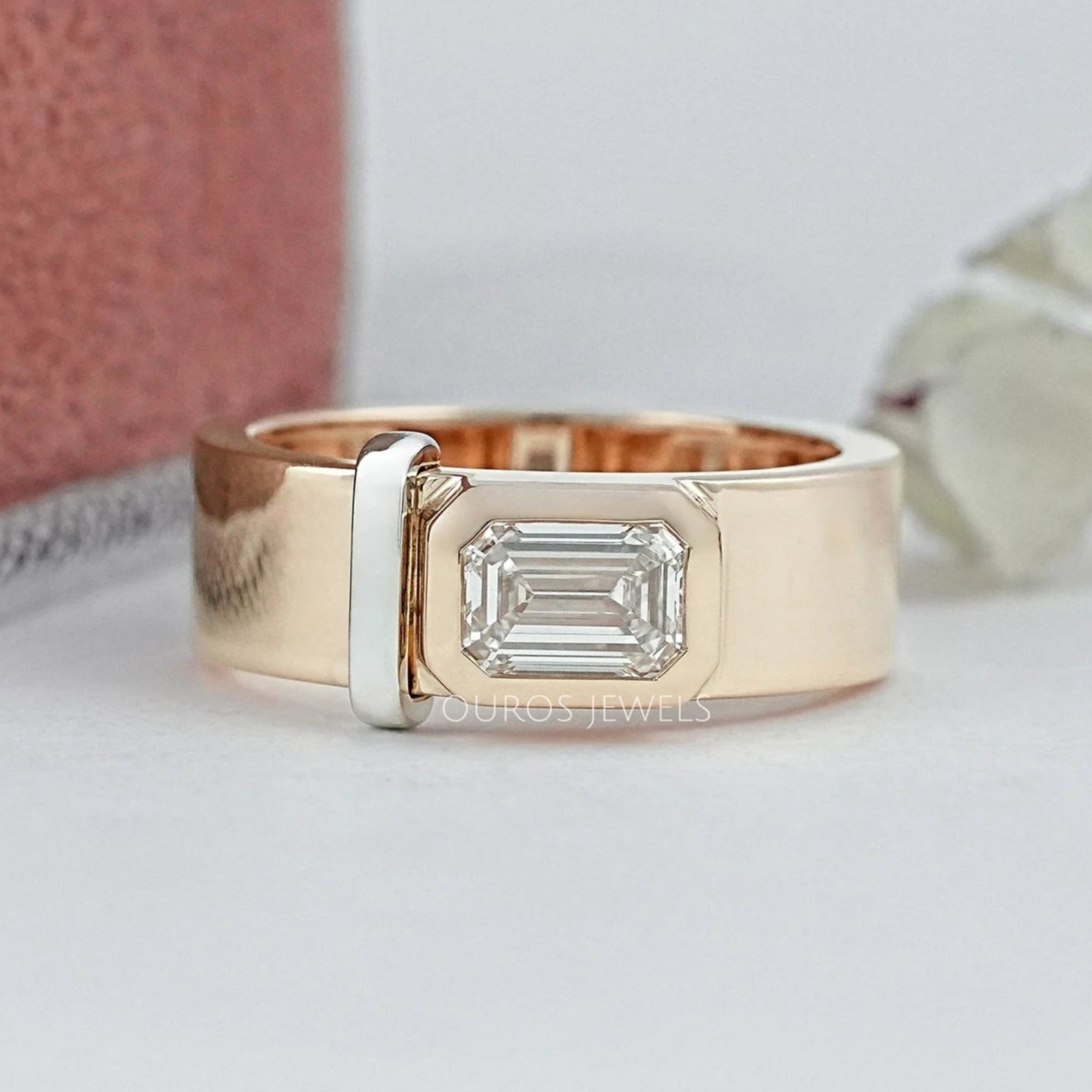 East West Emerald Diamond Bezel Set Men's Band