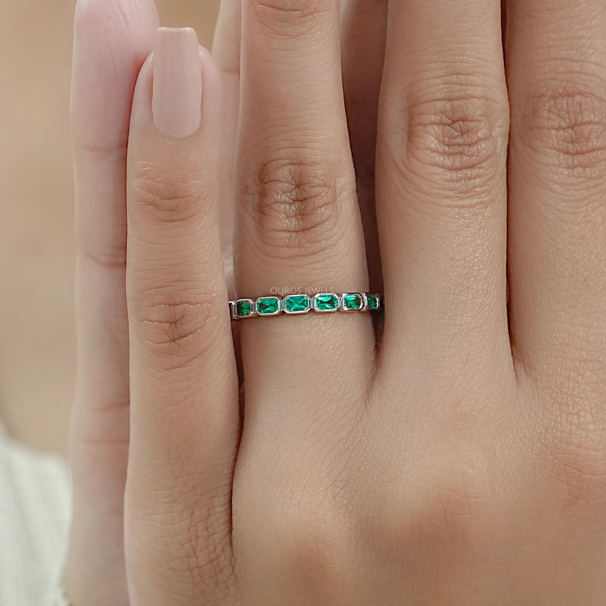 East West Green Radiant Gemstone Half Eternity Band Rings