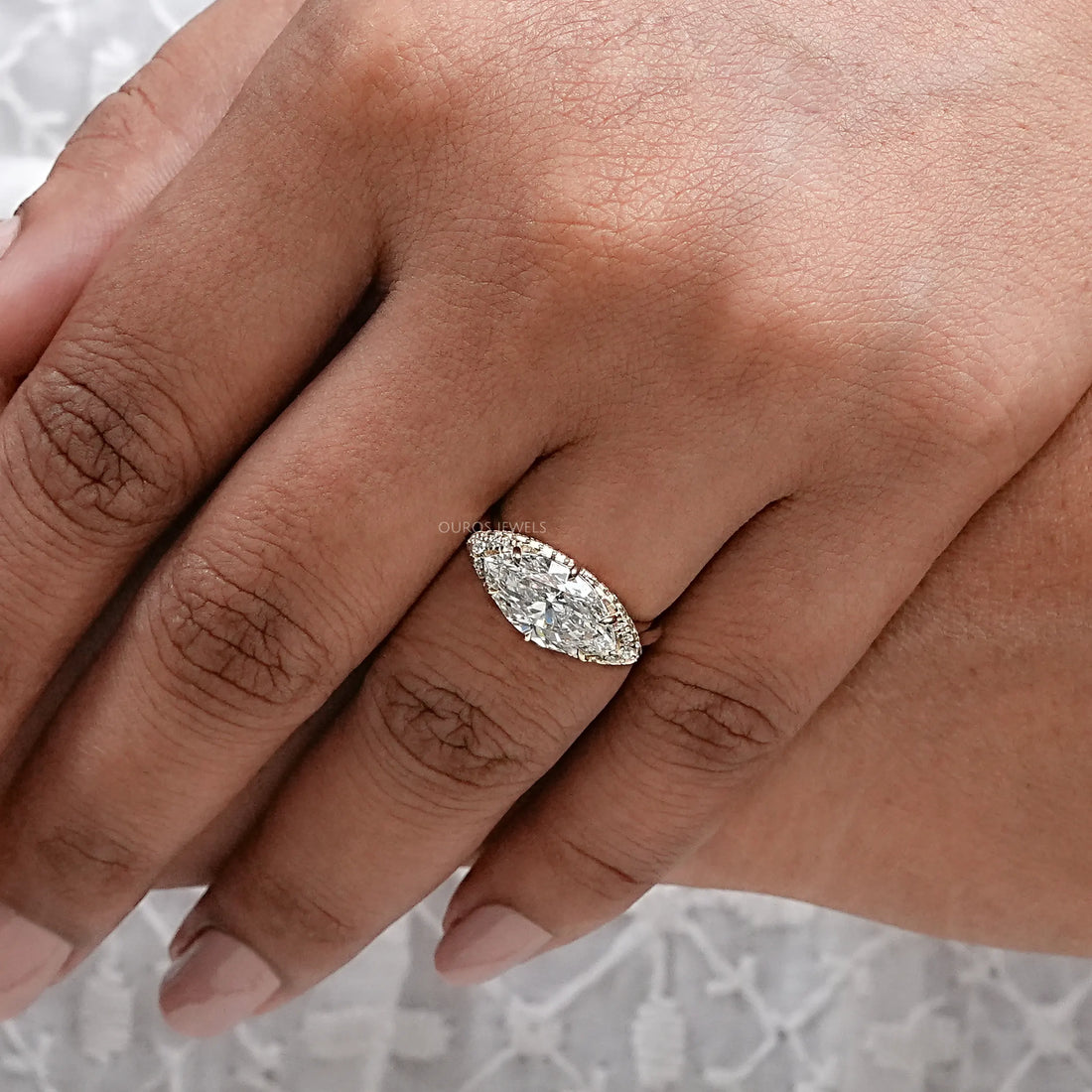 East West Marquise Lab Diamond Hidden Halo Ring Ring