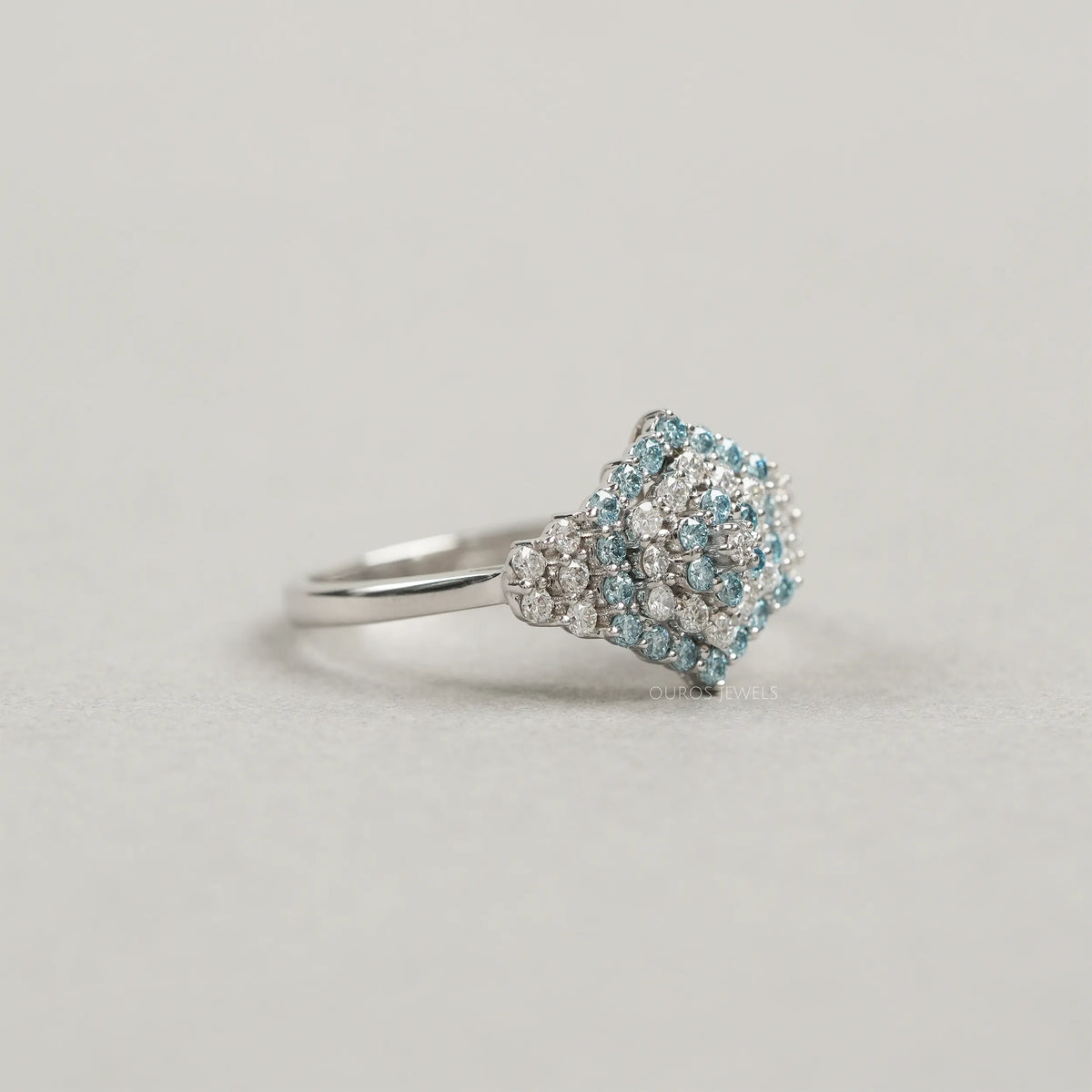 Fancy Blue Round Cut Cluster Lab Diamond Engagement Ring Rings