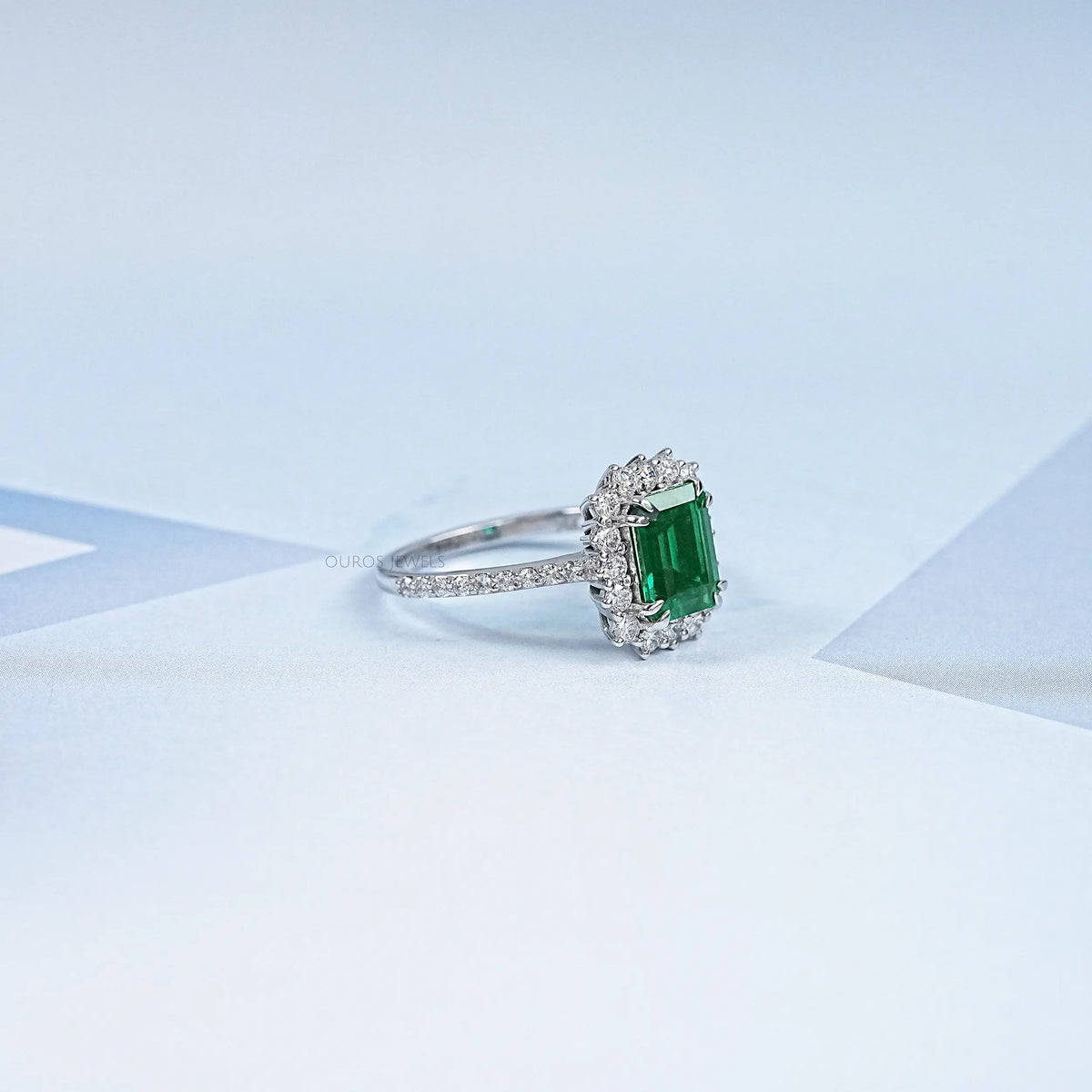 Halo With Accent Diamond Green Emerald Gemstone Ring Rings