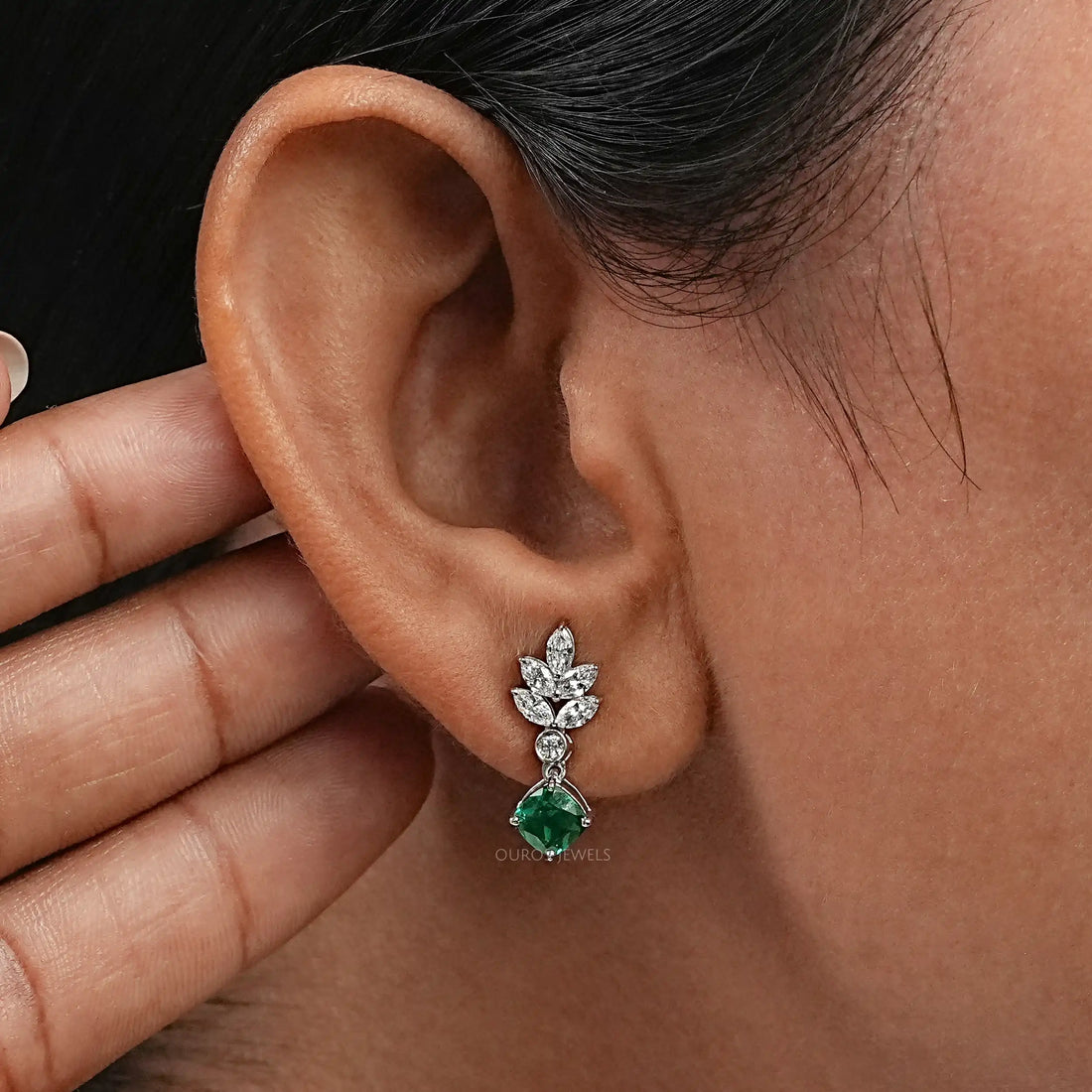 Green Gemstone Cushion And Marquise Drop Earrings Earring