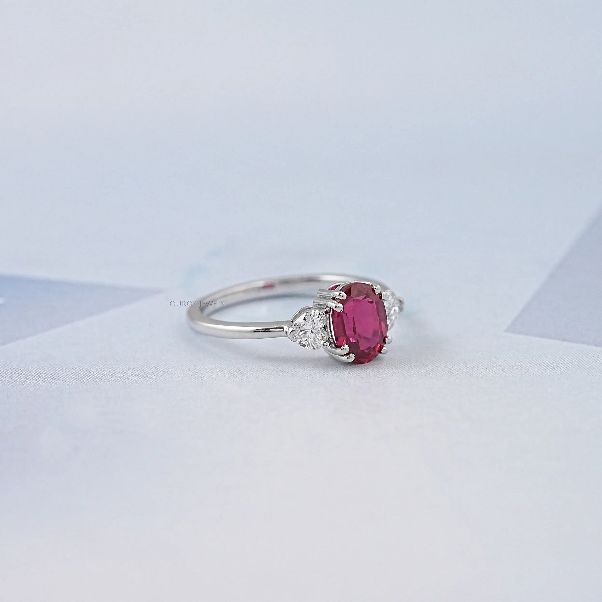 Oval Cut Red Ruby Three Stone Ring Ring
