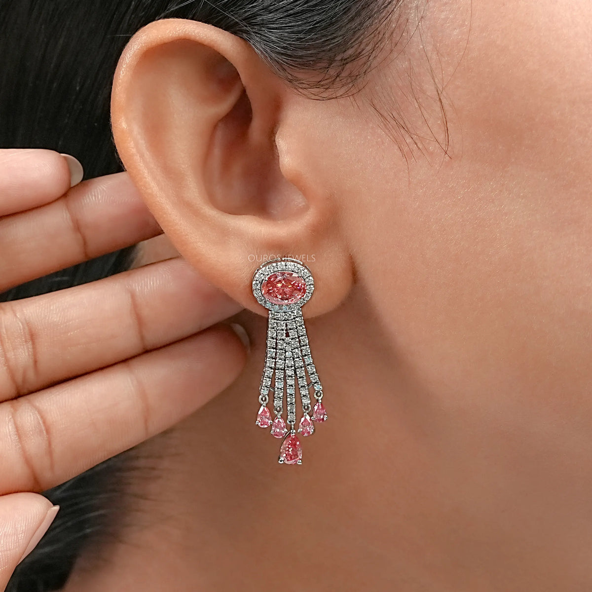 Pink Oval And Pear Cut Lab Diamond Chandelier Earrings Earring