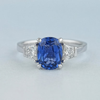 Sapphire Cushion Gemstone With Trapezoid Diamond Ring Rings