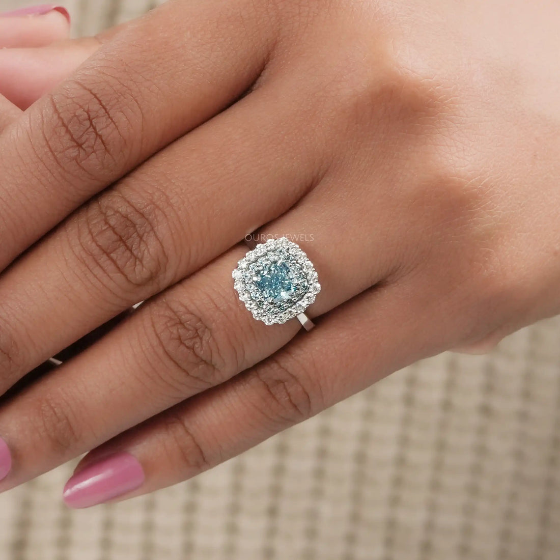 Fancy Blue Cushion Cut Double Halo Lab Diamond Ring Rings