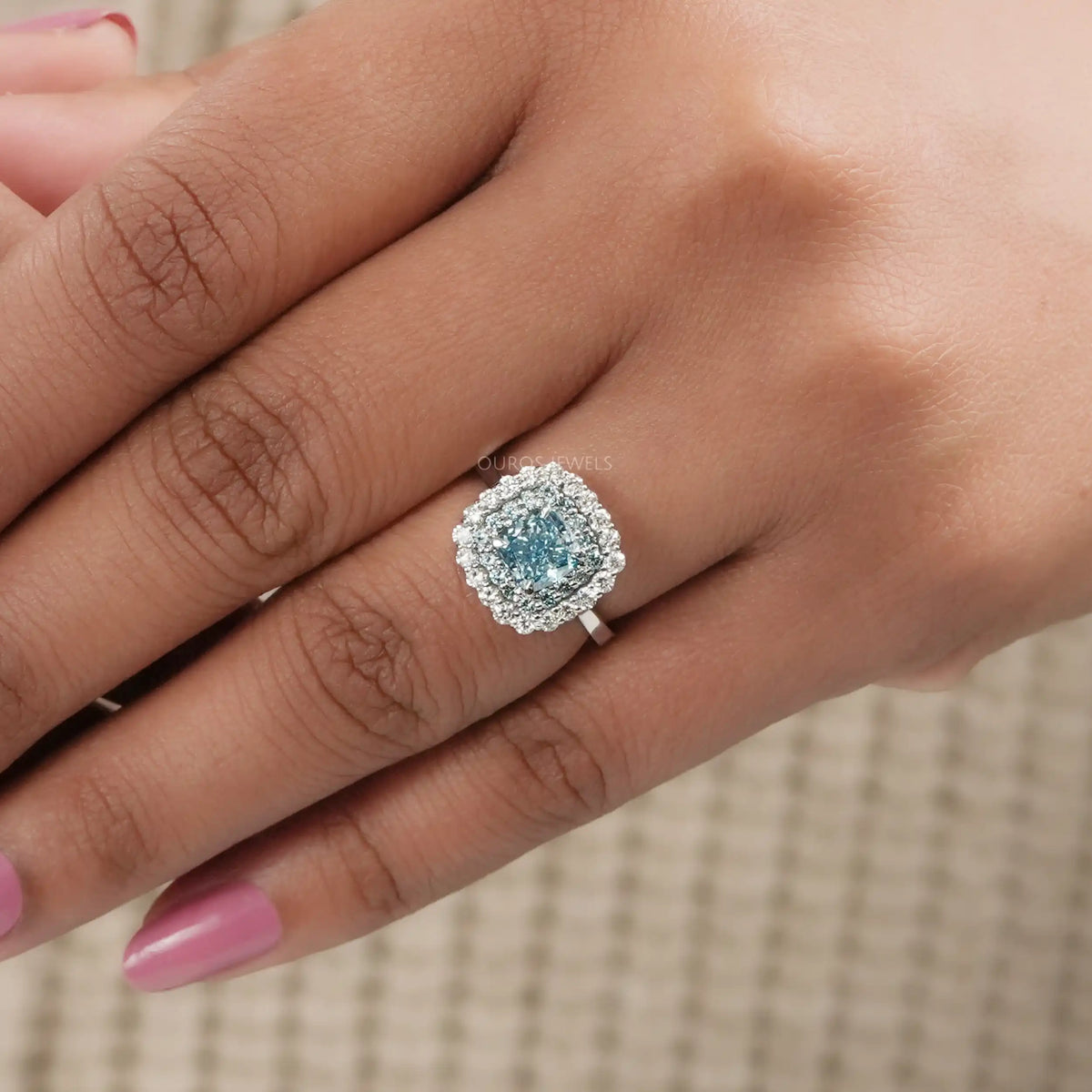 Fancy Blue Cushion Cut Double Halo Lab Diamond Ring Rings