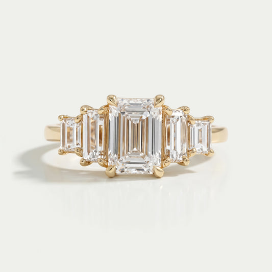 Five Stone Emerald And Baguette Diamond Engagement Ring Rings