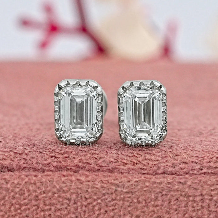 Emerald Cut Lab Diamond Milgrain Set Stud Earrings Earrings