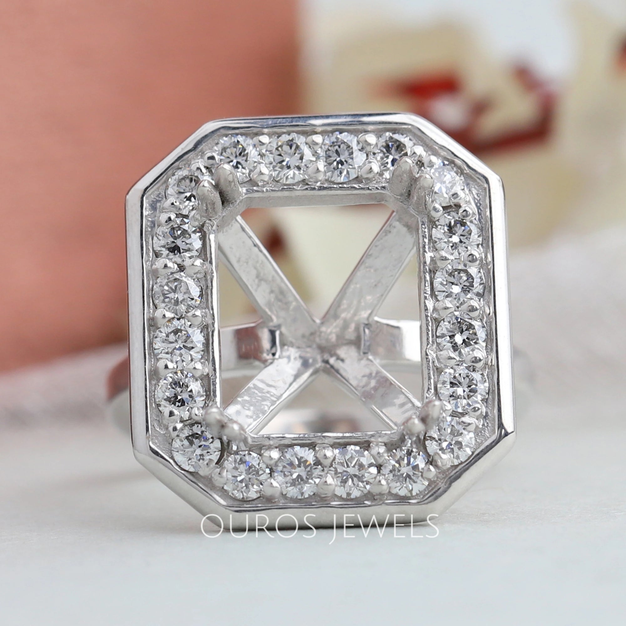 Emerald Cut Halo Semi Mount Engagement Ring Ring
