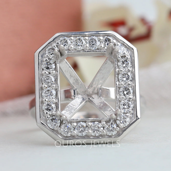 Emerald Cut Halo Semi Mount Engagement Ring Ring