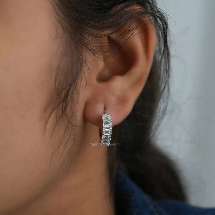 Emerald Cut Lab Grown Diamond  Hoop Earrings