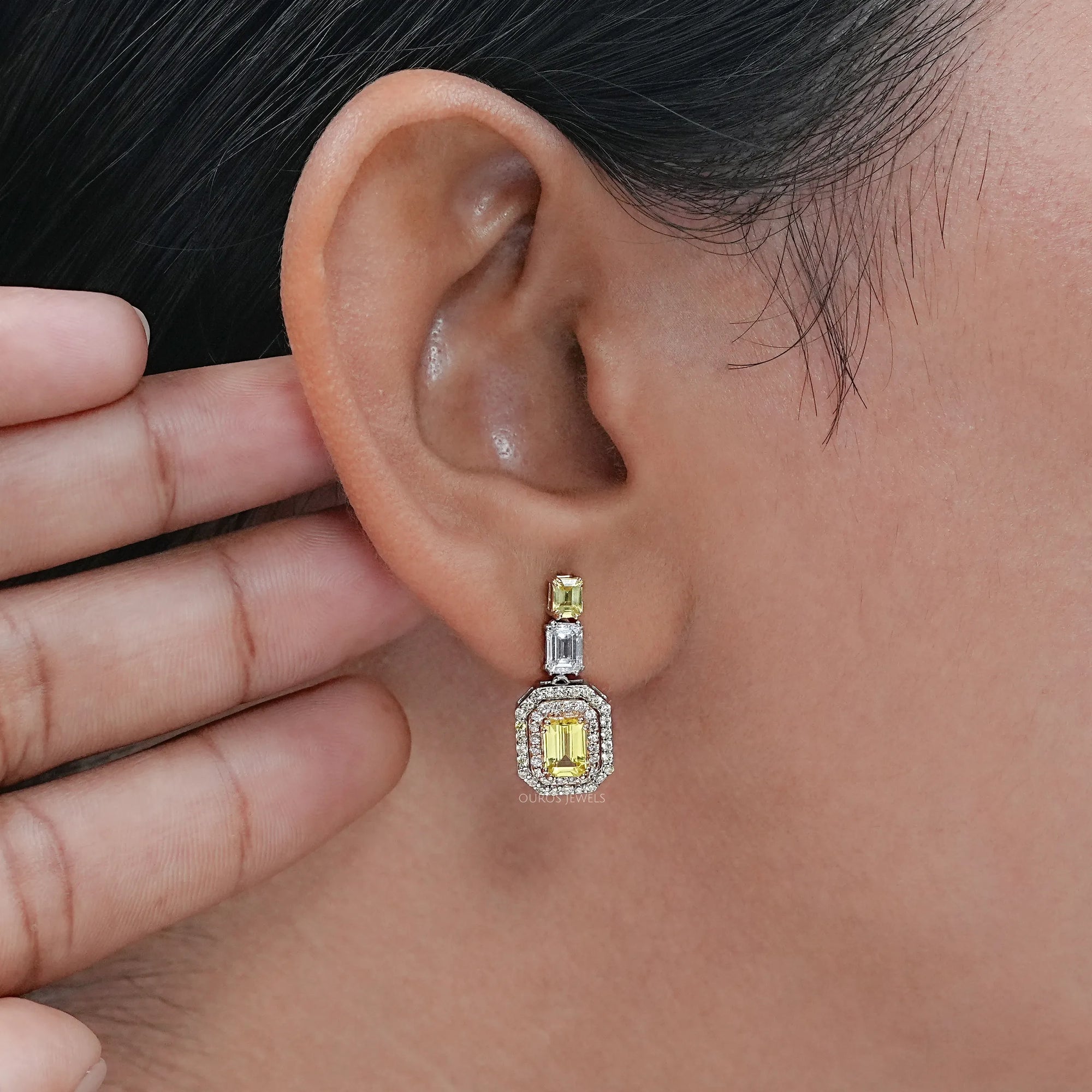 Yellow Emerald Lab Gemstone Double Halo Drop Earrings