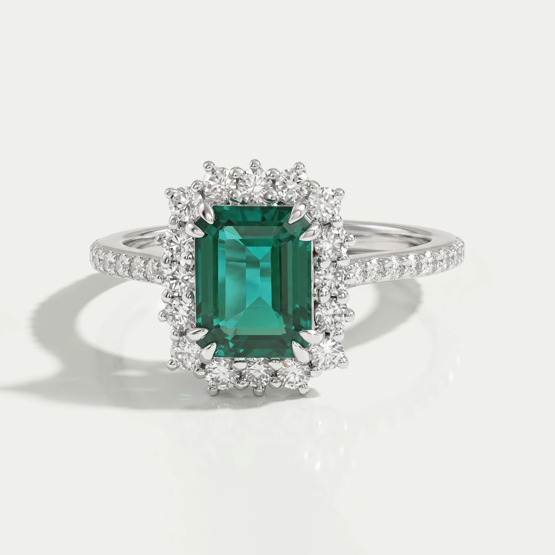 Halo With Accent Diamond Green Emerald Gemstone Ring Rings