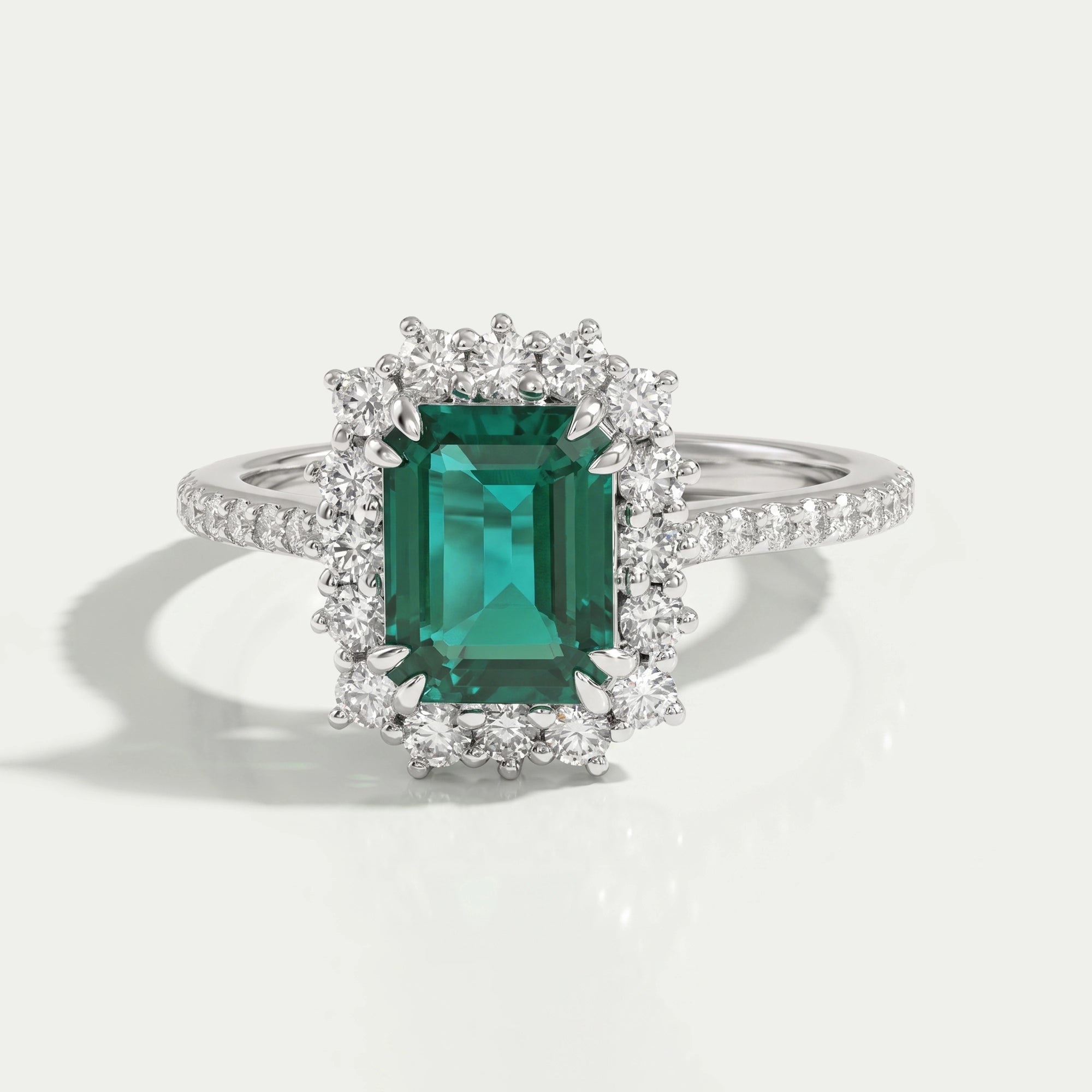 Halo With Accent Diamond Green Emerald Gemstone Ring Rings