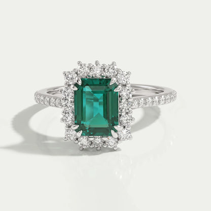 Halo With Accent Diamond Green Emerald Gemstone Ring Rings