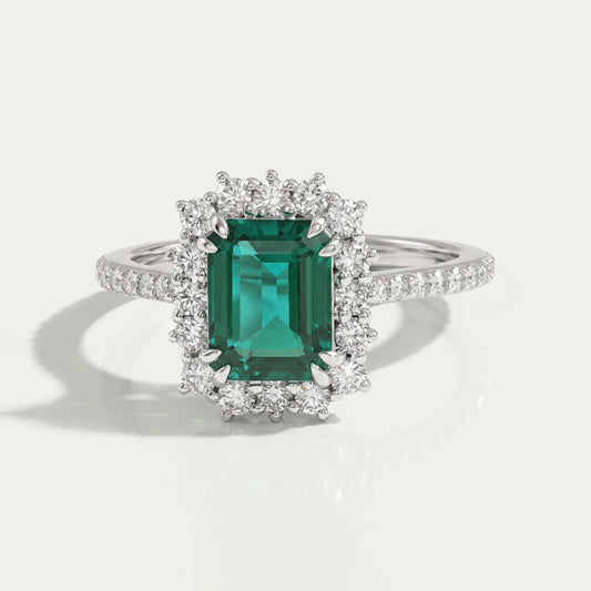 Halo With Accent Diamond Green Emerald Gemstone Ring Rings