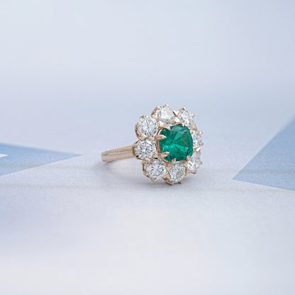 Emerald Square Cushion Round Halo Floral Engagement Ring