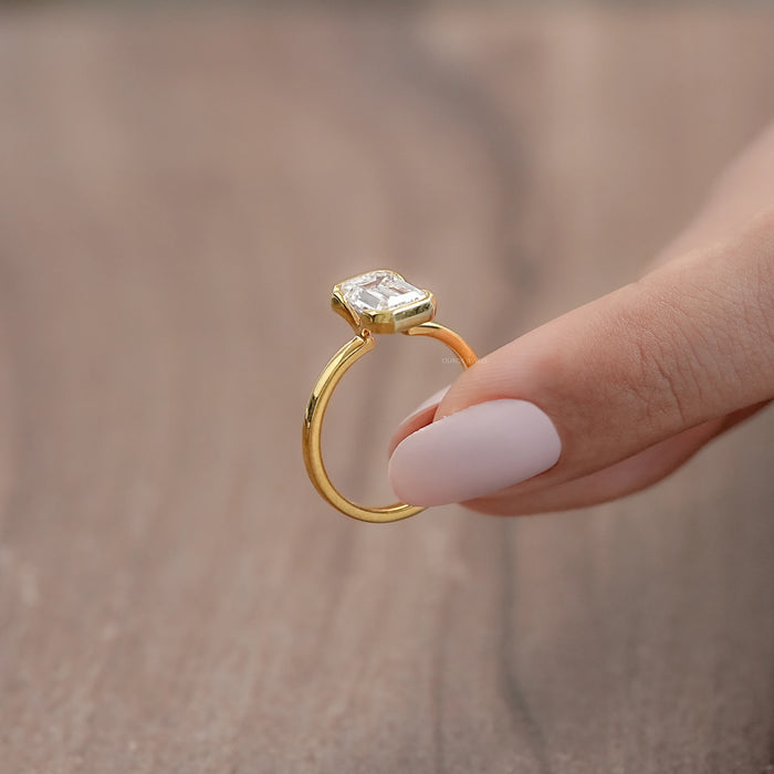 Emerald Diamond Bezel Set Solitaire Engagement Ring Rings
