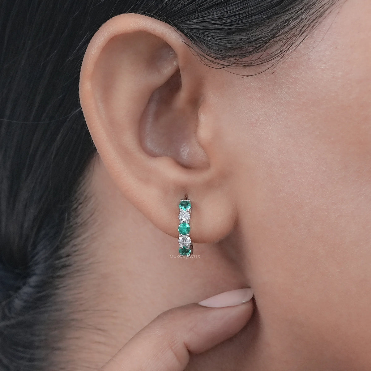 Multi Gemstone And Round Diamond In-Out Hoop Earrings