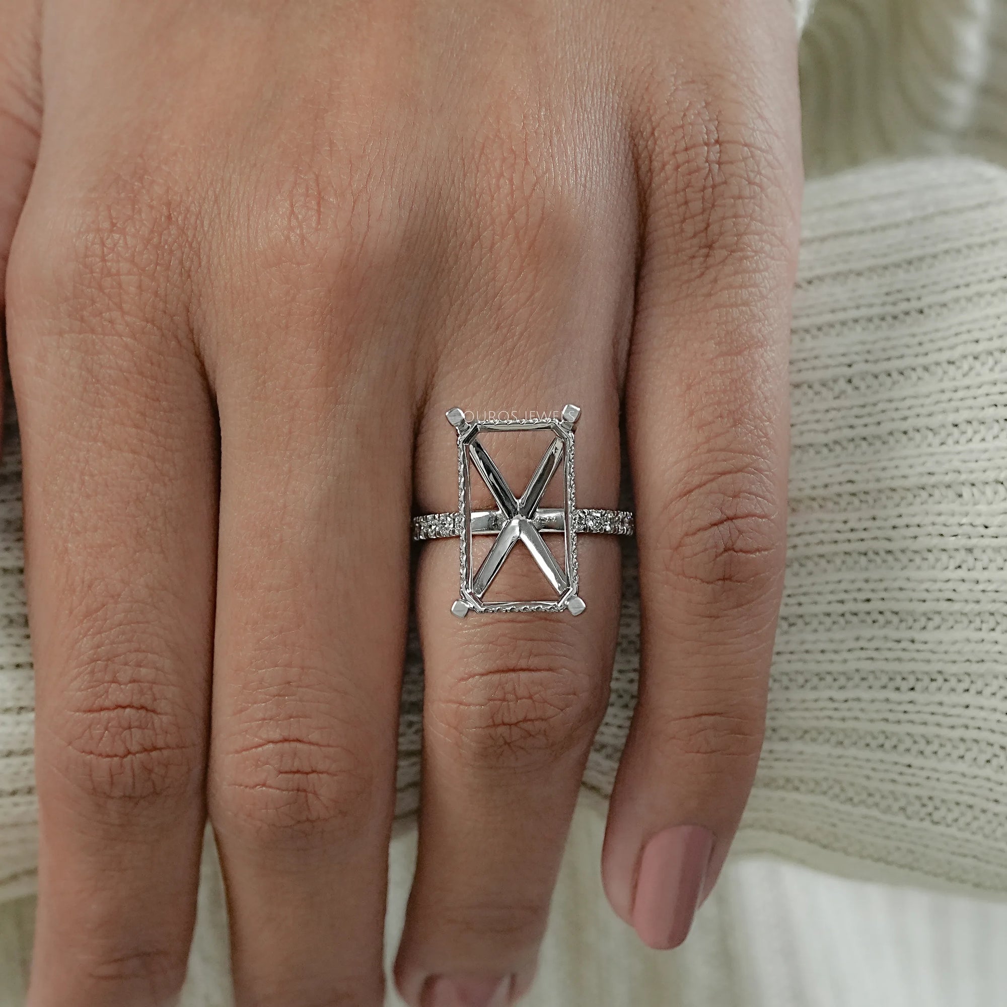 Emerald Shape Hidden Halo Semi Mount Ring Ring