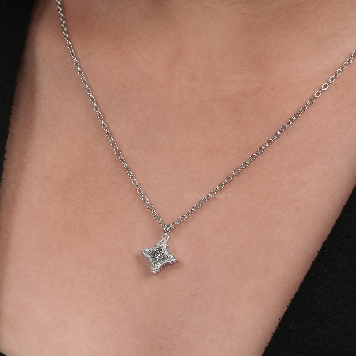 A Women wearing Olive Princess Cut Diamond Pendant 