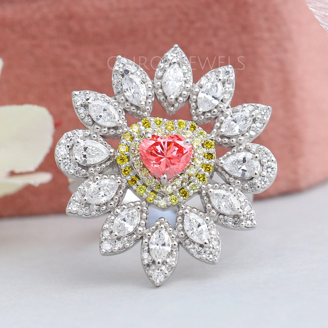 Floral Vintage Pink Heart Cut Diamond Engagement Ring