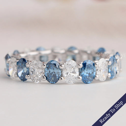 Blue Oval Cut Lab Diamond Eternity Wedding Band Ring