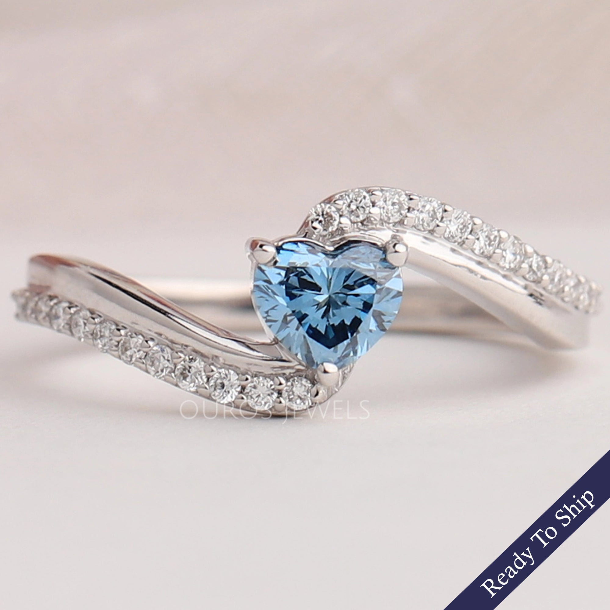 Blue Heart Cut Solitaire Accent Diamond Ring