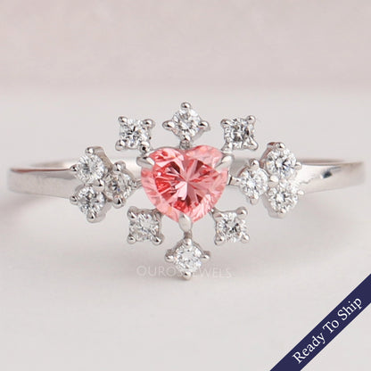 Pink Heart Cut Halo Cluster Diamond Ring