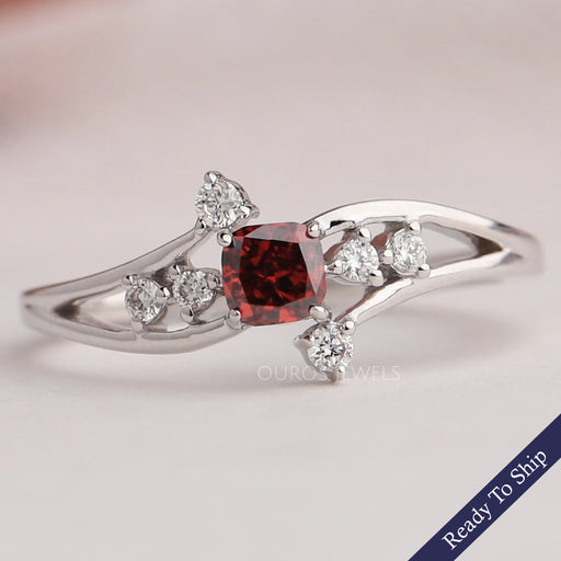 Red Cushion Cut Cluster Diamond Ring