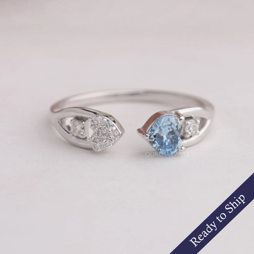 Blue Heart Cut Lab Diamond Open Cuff Dainty Wedding Ring