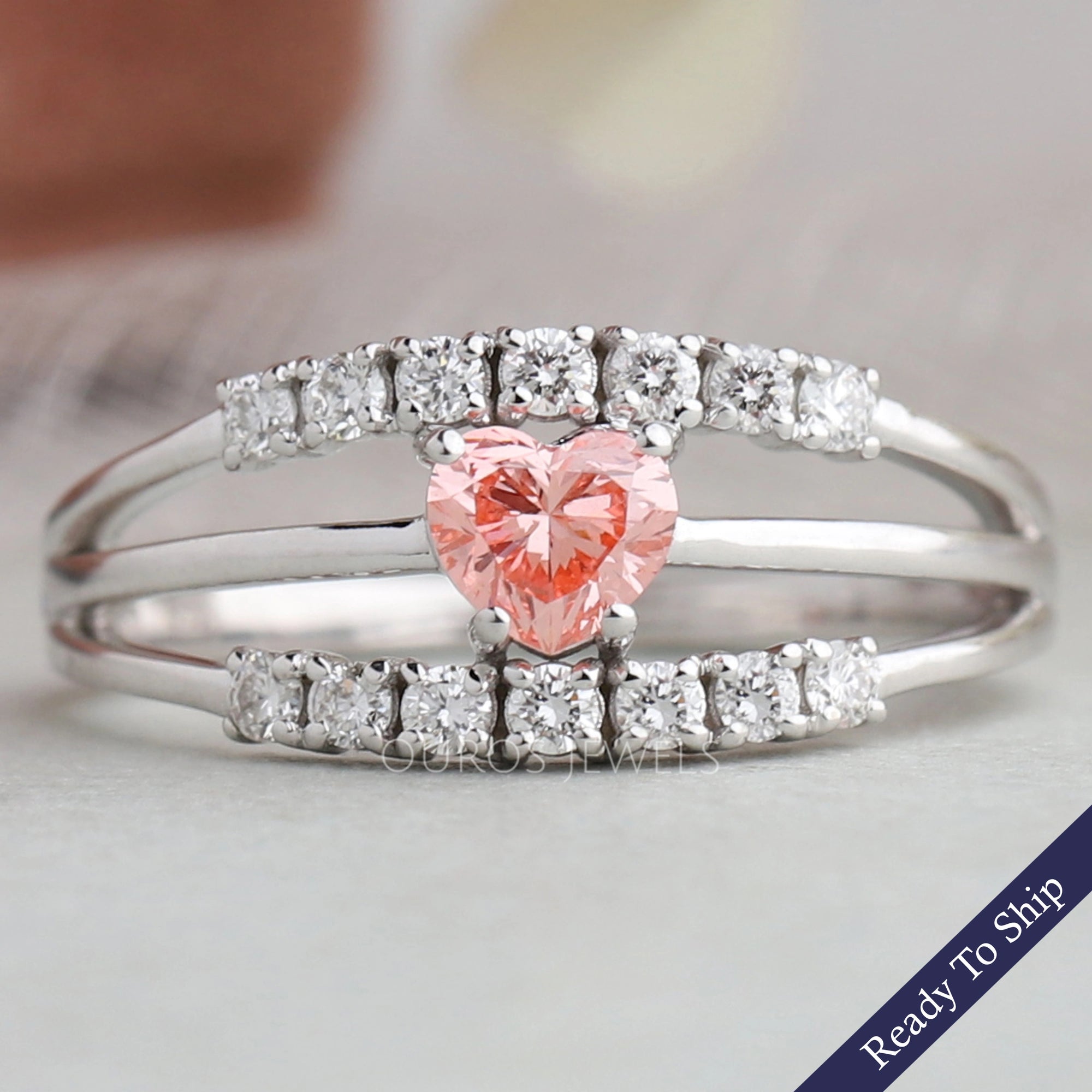 Pink Heart Diamond Split Shank Ring