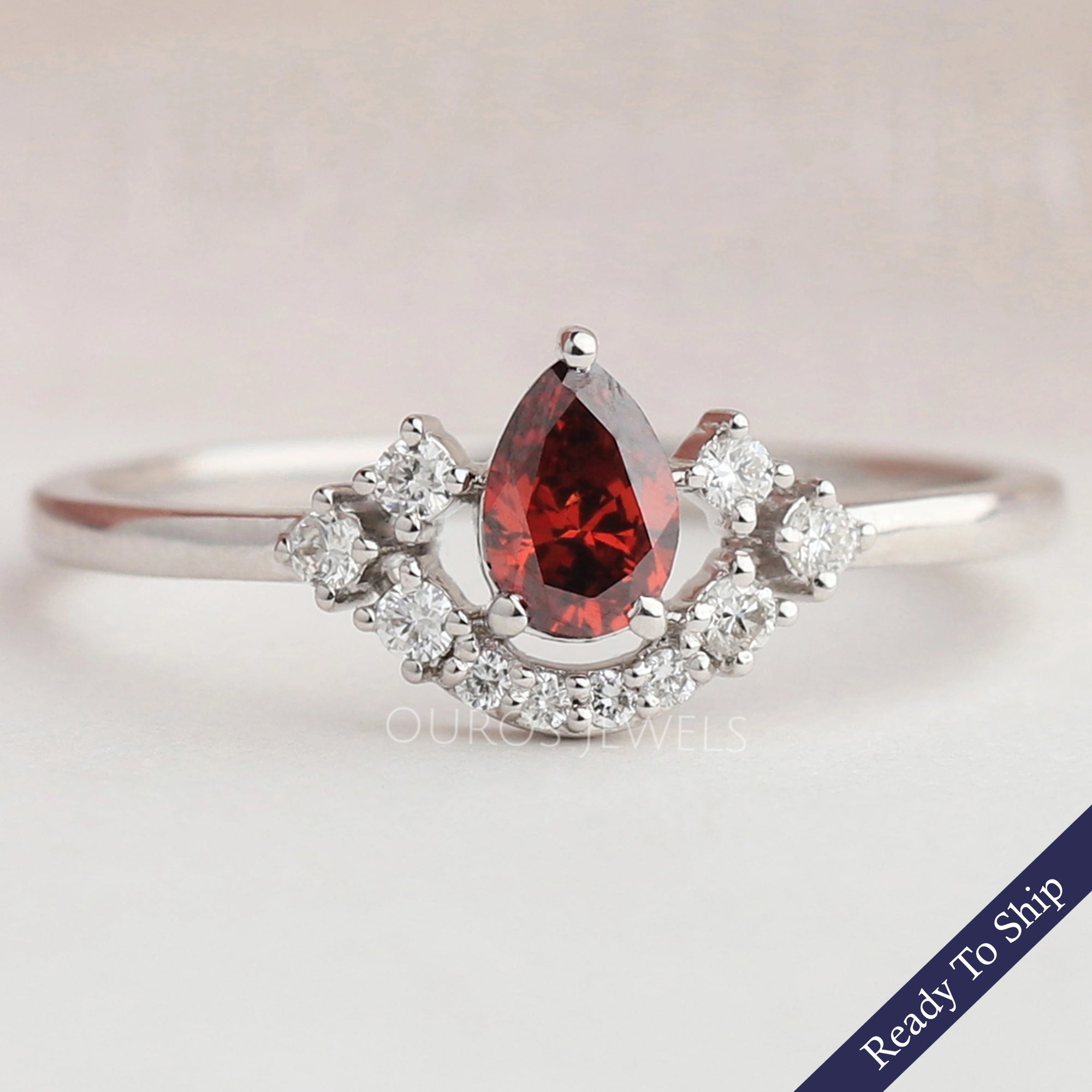 Red Pear Diamond Curved Halo Ring